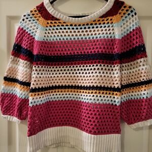 Striped Open-Knit Pullover Sweater in Pink and White